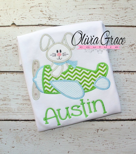Items similar to Boys Easter Shirt, Bunny Flying Airplane, Embroidered ...