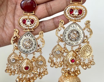 Kashmiri Chandbali Earrings: Indian/Pakistani Bridal Jhumka/ Quality Chandelier, Dual tone Drop Earrings
