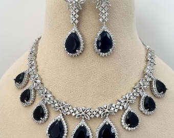 Sapphire Blue American Diamonds/AD/CZ Necklace Set: Engagement, Wedding, reception jewelry.