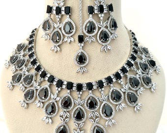 American Diamonds/AD Necklace Set: Cubic Zirconia Engagement/Wedding/Reception jewelry, Black