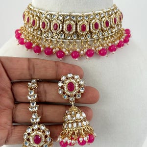Kundan Polki Choker set/Indian kundan Jewelry Set/Indian kundan choker/Pakistani necklace/Indian weddings jewelry/bridesmaids set/hot pink
