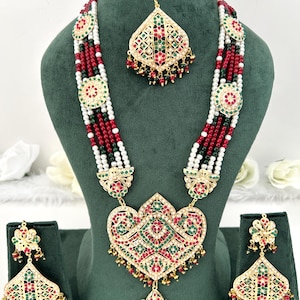 Punjabi Jadau Long necklace set/Hyderabadi Jadau/Indian jewelry/Golden jadau jewelry/Pearl/Traditional Jadau/ Necklace/Pakistani/rainbow