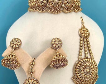Gold plated Choker Earrings/Jhumka Tikka and Passa set: Indian/Pakistani wedding jewelry.