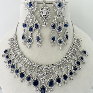 American Diamond Necklace/Bridal AD Necklace/CZ bridal necklace/Rhinestone necklace set/CZ Diamonds stone Bridal Necklace Set/blue/sapphire