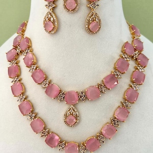 American Diamond Necklace Set With Earring/CZ necklace set/Indian Bridal Necklace set/golden AD necklace set/Ad necklace earrings set/pink