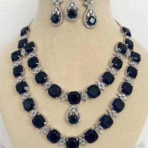 American Diamond Necklace Set With Earring/CZ necklace/Indian Bridal Necklace set/rhinestone necklace/crystal/stones necklace/blue/ sapphire