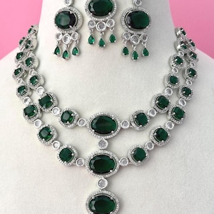 American diamond Necklace/CZ necklace/Cubic zirconia necklace/rhinestone necklace/Indian/Pakistani weddings/celebrity jewelry/green/emerald