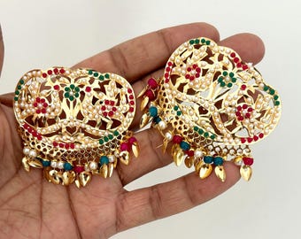 Jadau Hair Clips pair: Gold Plated Punjabi/Pakistani Traditional Juda Pins, Wedding Hair accessories.
