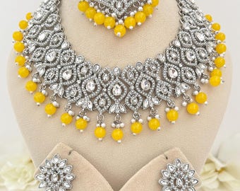 White Silver Polki necklace Set: Indian/Pakistani weddings/Reception jewelry, Yellow