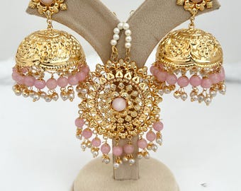 Parure de boucles d'oreilles en plaqué or inspirées de célébrités : bijoux de mariée indiens/pakistanais.