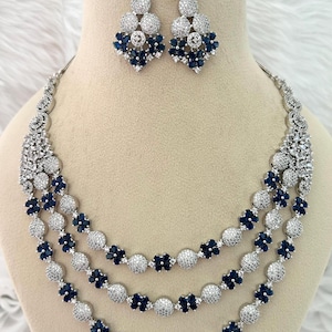 Silver tone layered AD necklace set/ CZ Necklace/ cubic zirconia necklace/ rhinestone necklace/ Indian/Pakistani/Weddings/ blue/ sapphire