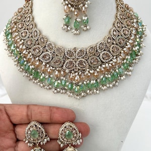 Antique polki necklace Set/polki necklace set/Indian wedding jewelry/Bridal necklace set/wedding Necklace set/Pakistani necklace/light green
