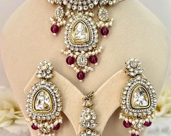 Kundan Choker Earrings Tikka Set: Party Wear/wedding/Reception/Bridesmaids Jewelry, Wine