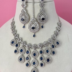 American diamond Necklace/CZ necklace/cubic zirconia necklace set/crystal/stones necklace/Pakistani AD Set/rhinestone necklace/blue/sapphire