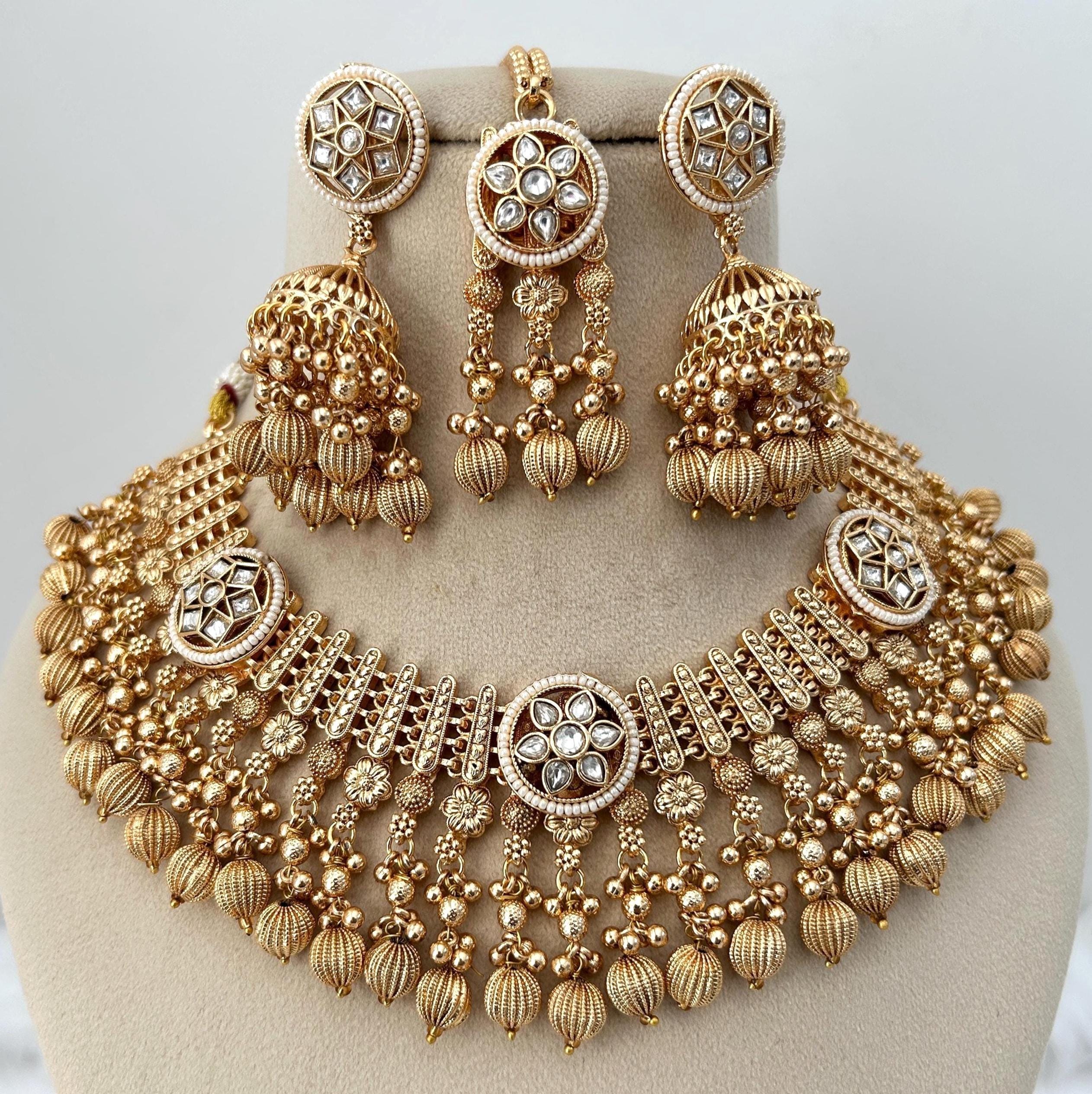 Indian Jewelry/Vintage Planeイーグルスプーン PD Gold Plated Indian Bridal Jewelry Set: Necklace, Earrings & Tikka