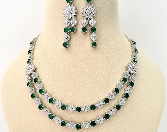 Emerald Green American Diamonds Set: Silver Tone Cubic zirconia bridal reception Party wear jewelry.