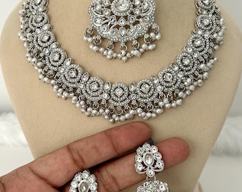 White Silver Polki Charm Necklace Earrings Tikka set: Bridal Reverse AD, Crystal/Zircon Jewelry