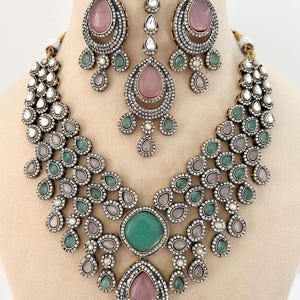 Sabyasachi Inspired Victorian necklace/ Antique/dull gold fusion necklace/ Indian/Pakistani Weddings/ celebrity/Bollywood jewelry/ mint pink
