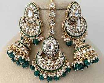 Kundan Polki Earrings and tikka Set: Indian/Pakistani Wedding/reception jewelry. 4 color