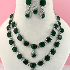 American Diamond Necklace Set With Earring/CZ necklace/Indian Bridal Necklace set/silver necklace earrings/Ad necklace earrings set/emerald