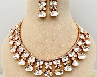 Rose Gold Tyaani Inspired Unique Necklace set: Indian/Pakistani wedding reception Bridal Jewelry.