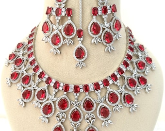 ISHANI Two Layer Emerald Green American Diamond Necklace and
