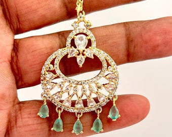 Golden Tone American Diamonds Maang tikka: CZ Indian/Pakistani Wedding forehead jewelry.