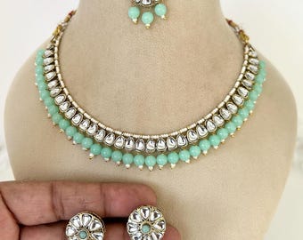 Kundan Golden Plated light green necklace set: Pakistani/Indian wedding Jewelry, Mint Green