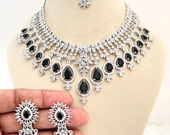 American Diamond Engagement/Bridal/Reception Necklace Set: CZ/Lab. Diamonds Silver Tone jewelry, Black