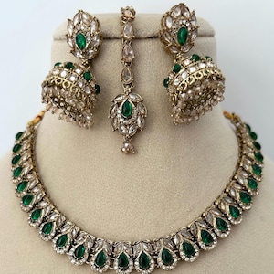 Antique Polki Kundan Necklace/Reverse Ad Necklace/necklace set/Indian/Punjabi Necklace/Pakistani Jewelry/Bridal necklace/dull gold/emerald
