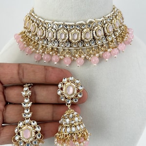 Kundan Polki Choker set/Indian kundan Jewelry Set/Indian kundan choker/Pakistani necklace/Indian weddings jewelry/bridesmaids set/baby pink