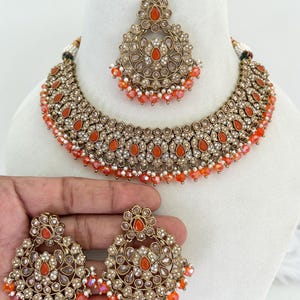 Collar polki de oro antiguo/Conjunto de collar Kundan/Joyería de boda india/Conjunto de collar de novia/Conjunto de collar de boda/Collar de oro mate/7 colores