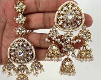 Kundan Polki Earring and tikka: Indian/Pakistani Tikka Set, Celebrity Wedding jewelry. 7 color