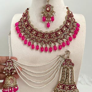 Conjunto de collar y pendientes de novia con AD invertido, conjunto de collar Kundan Polki, conjunto de compromiso, collar de oro antiguo, collar de boda con passa, 8 colores