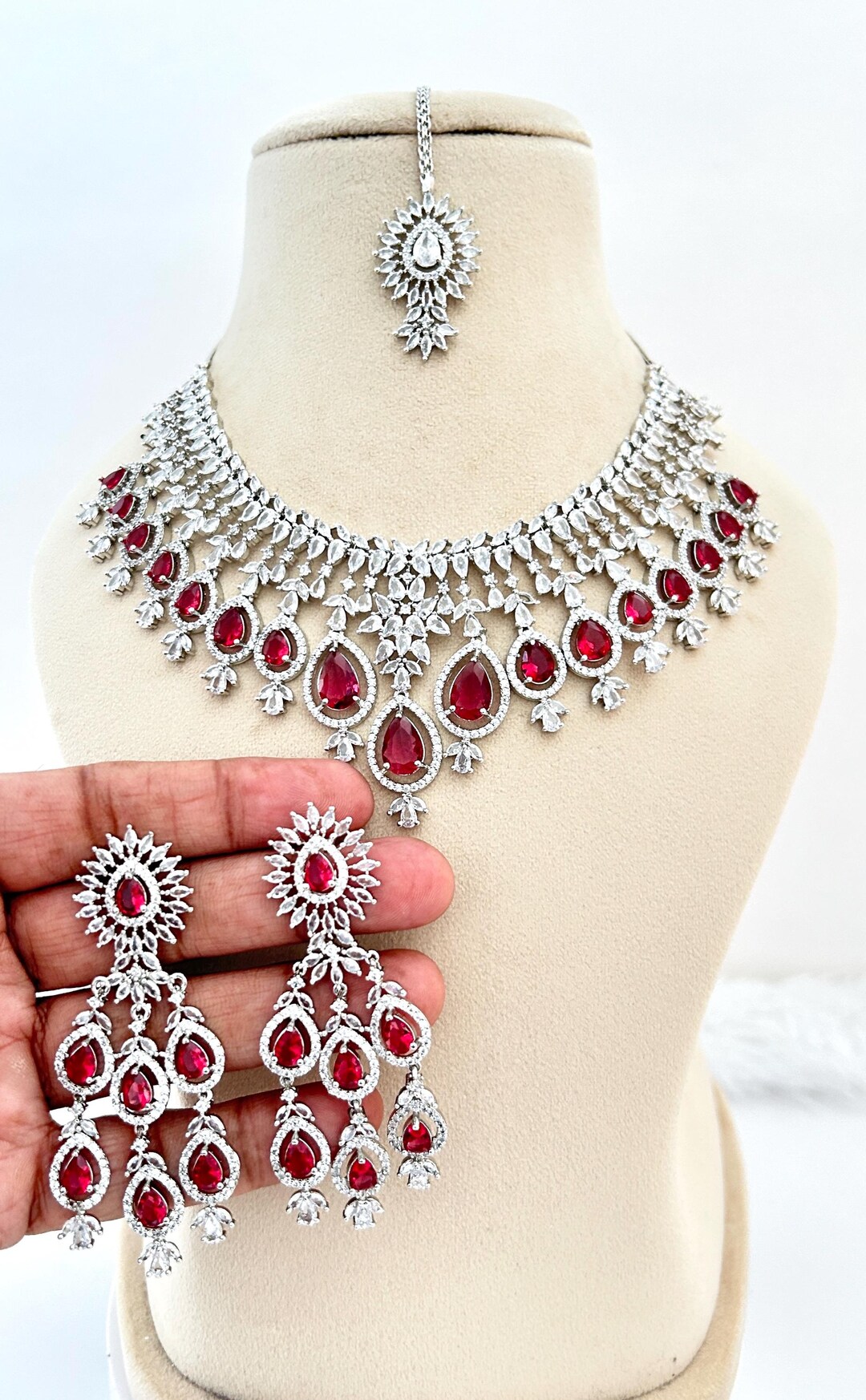 Silver & Red Rhodium Floral Pearl Statement Jewelry Set w/ Red Stones NWOT s-l400.jpg main image 3