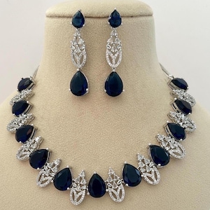 American diamonds Necklace/CZ necklace set/Cubic zirconia necklace/Bollywood/celebrity necklace/rhinestone necklace/navy blue/blue/sapphire