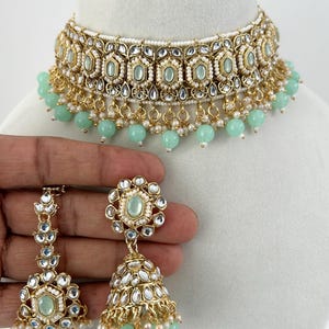 Kundan Polki Choker set/Indian kundan Jewelry/Indian kundan choker/Pakistani/Indian weddings jewelry/bridesmaids set/pistaso/light green