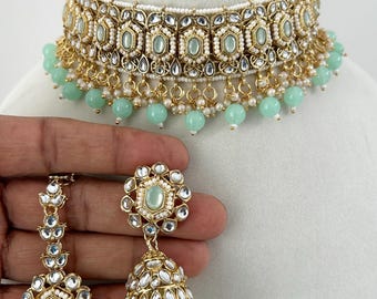 Kundan Light Green Choker earrings tikka set: celebrity inspired  Pakistani/Indian wedding jewelry