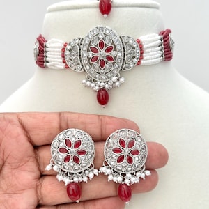 Amarpali Magneta Ruby Silver Finish Polki Choker: Indian/Pakistani Wedding,  reception, Party wear  Set.