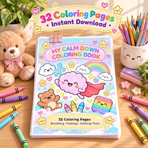 Puede incluir: Un libro para colorear titulado My Calm Down Coloring Book con un cerebro de dibujos animados con capa, un oso de peluche, un arcoíris y un juguete pop-it. La portada incluye el texto 32 Coloring Pages, Instant Download, Breathing, Feelings, Calming Tools.