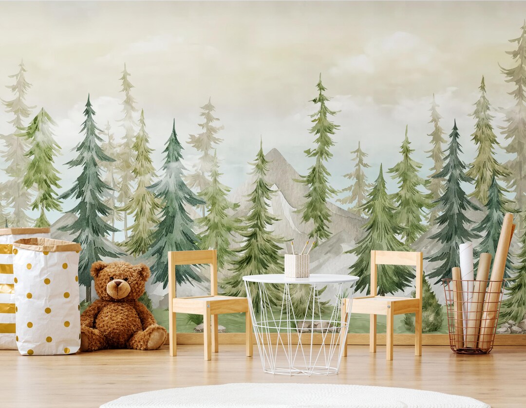 Green Forest Kidsroom Wallpaper Tree Nursery Wall Mural Playroom ...