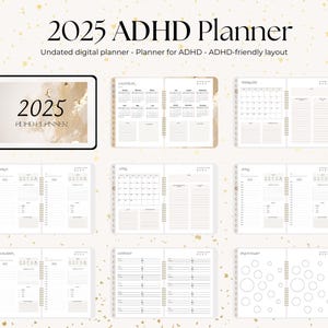 Op de afbeelding: Een digitale planner voor 2025 met een beige en gouden marmerontwerp. De planner is niet gedateerd en bevat maandelijkse kalenderpagina's, wekelijkse spreads en een gewoontetracker. De tekst "2025 ADHD Planner" wordt weergegeven op de omslag.
