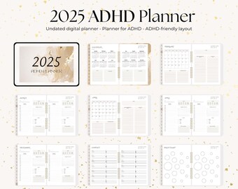 May include: A digital planner for 2025 with a beige and gold marble design. The planner is undated and includes monthly calendar pages, weekly spreads, and a habit tracker. The text "2025 ADHD Planner" is displayed on the cover.