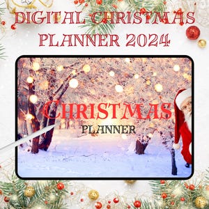 Op de afbeelding: Digitale kerstplanner 2024, een digitale planner met een besneeuwde bos scène en een kerstman die vanuit de rechterkant van de afbeelding gluurt.