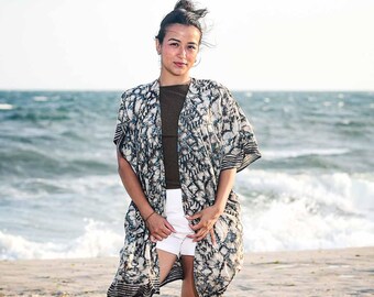 Lightweight Cotton Silk Kimono Hand Block Print Beach Robe Resort Cover Up - Adoba