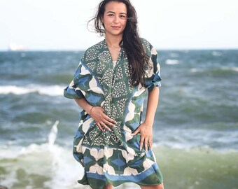 Travel Cotton Silk Kimono Hand Block Print Beach Spa Robe Resort Cover Up - Ethereal