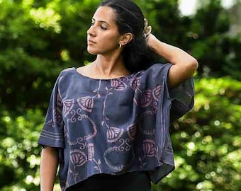 Soft Floral Crop Top, Lightweight Cotton Silk Blouse, Travel Friendly Block Printed Shirt, Handmade Purple Top - Danish SAMPLE