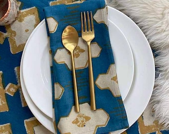 Handmade Cotton Napkin, Blue Block Print Table Linen, Organic Reusable, Eco Friendly Dining Decor - Hopi SAMPLE