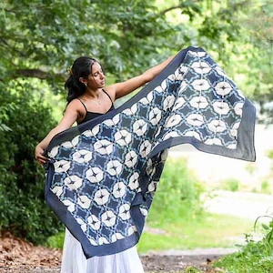 Indigo Cotton Silk Block Print Scarf, Lightweight Shawl Wrap, Geometric Handmade Gift for Him or Her, Unisex Blue Scarf - Grenada