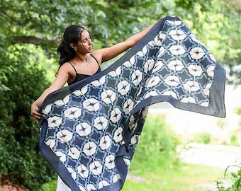 Indigo Cotton Silk Block Print Scarf, Lightweight Shawl Wrap, Geometric Handmade Gift for Him or Her, Unisex Blue Scarf - Grenada